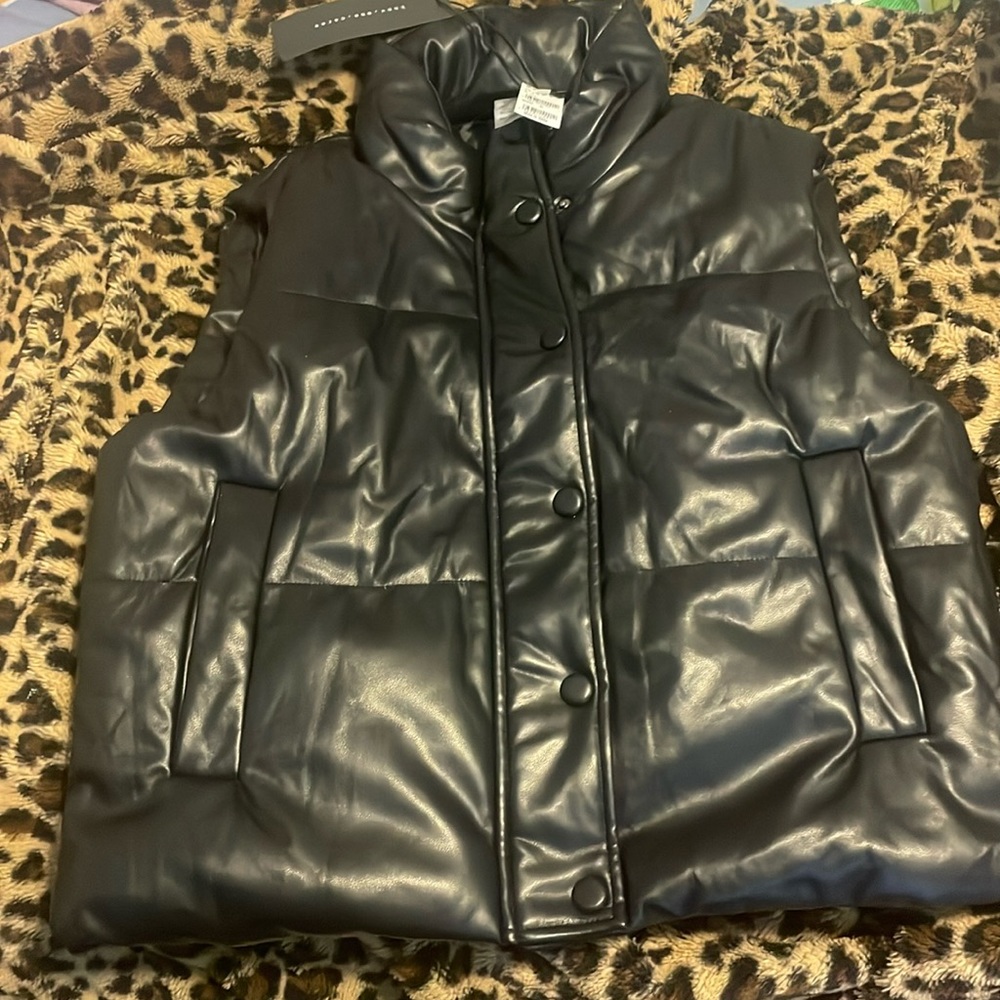 NWT know one cares black pleather zip up/button puffer vest